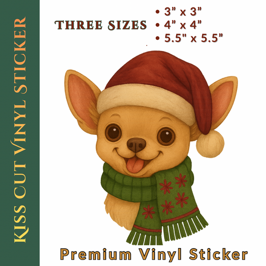 Christmas Chihuahua Sticker – Cute Dog Kiss-Cut Vinyl Decal (3”, 4”, 5.5”)