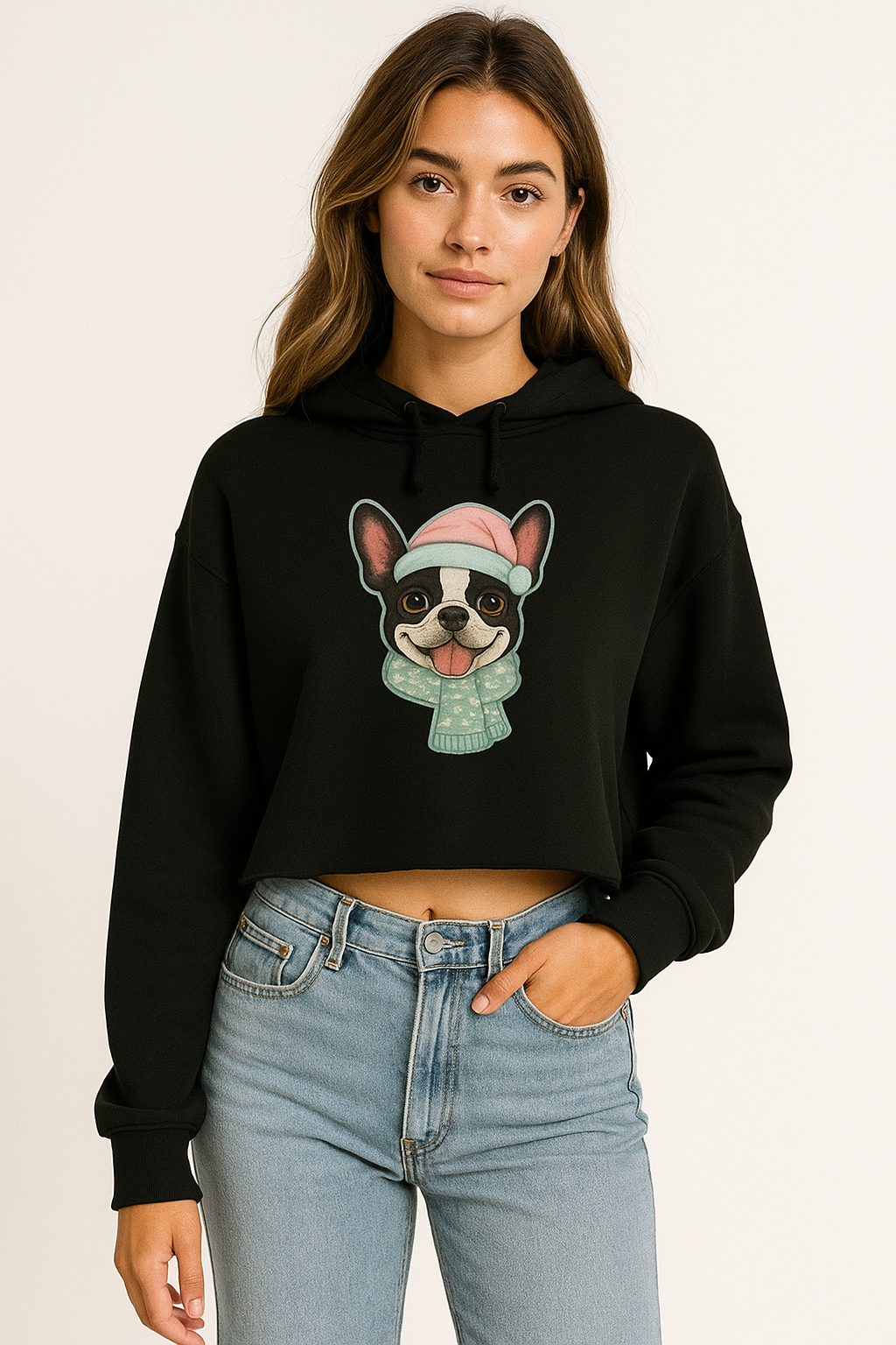French Bulldog Christmas Cropped Hoodie | Cute Pastel Holiday Dog Hoodie | Cozy Winter Cropped Sweater for Dog Moms & Frenchie Lovers