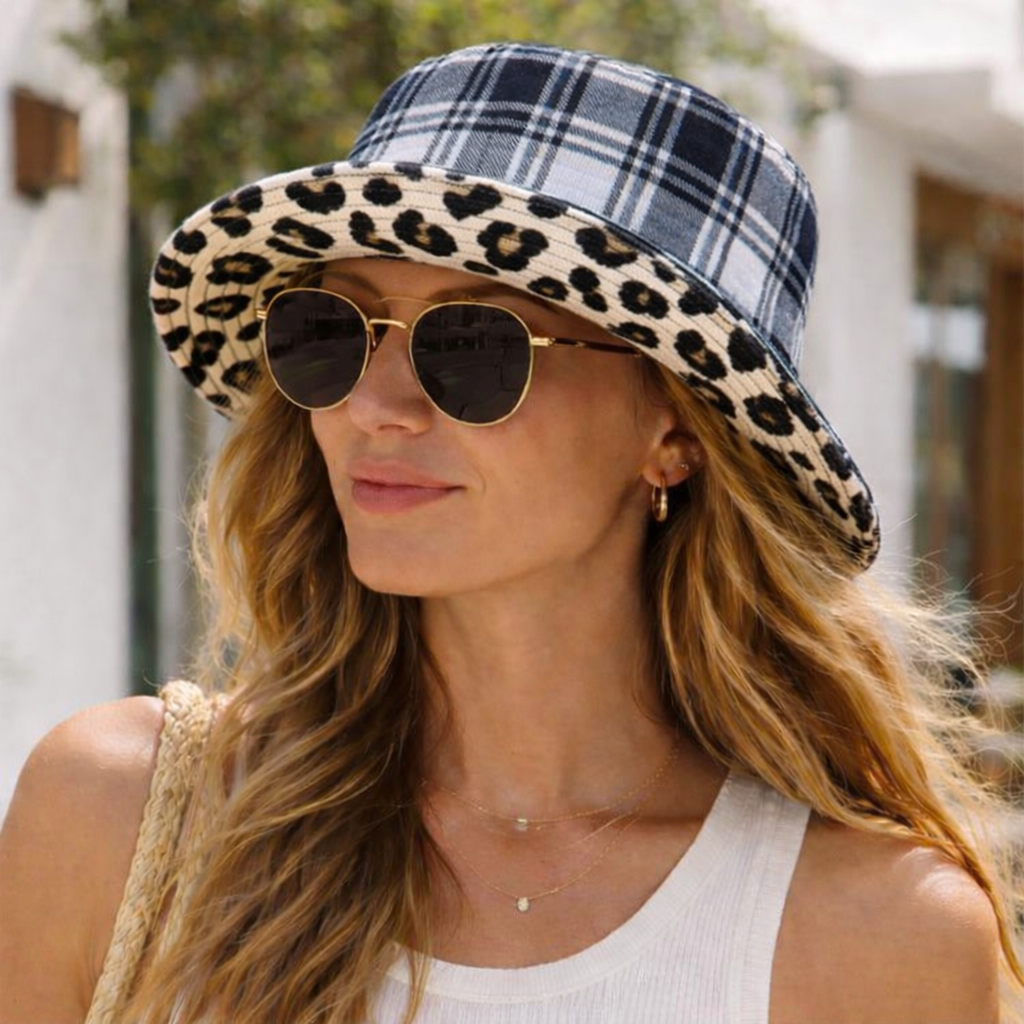 reversible plaid leopard bucket hat
