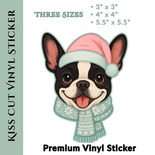 Winter Frenchie Christmas Sticker – Cute Dog Kiss-Cut Vinyl Decal (3”, 4”, 5.5”)