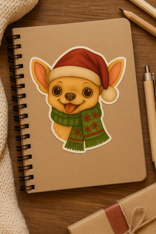Christmas Chihuahua Sticker – Cute Dog Kiss-Cut Vinyl Decal (3”, 4”, 5.5”)