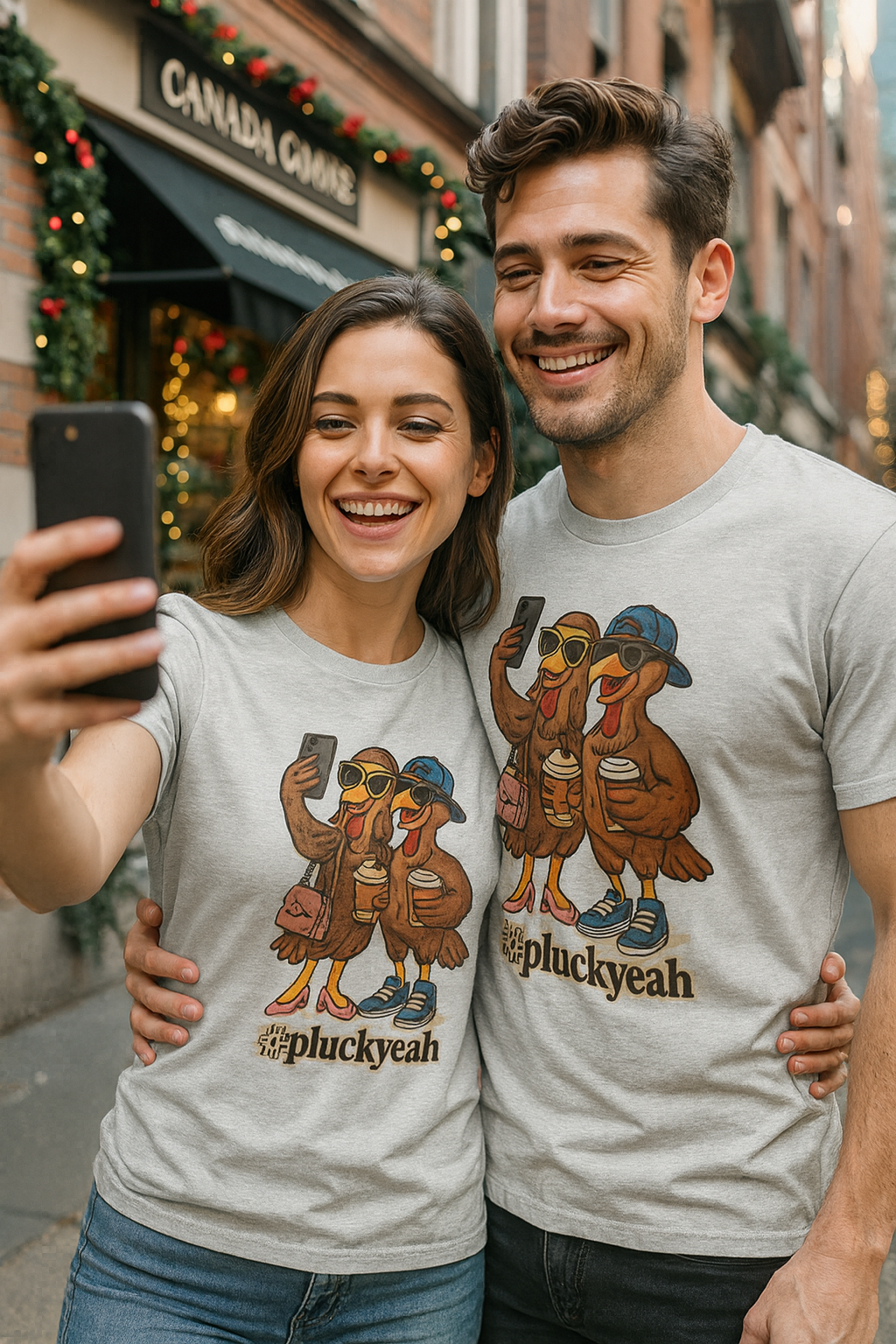 Two people taking a selfie wearing matching t-shirts with cartoon turkeys and text.