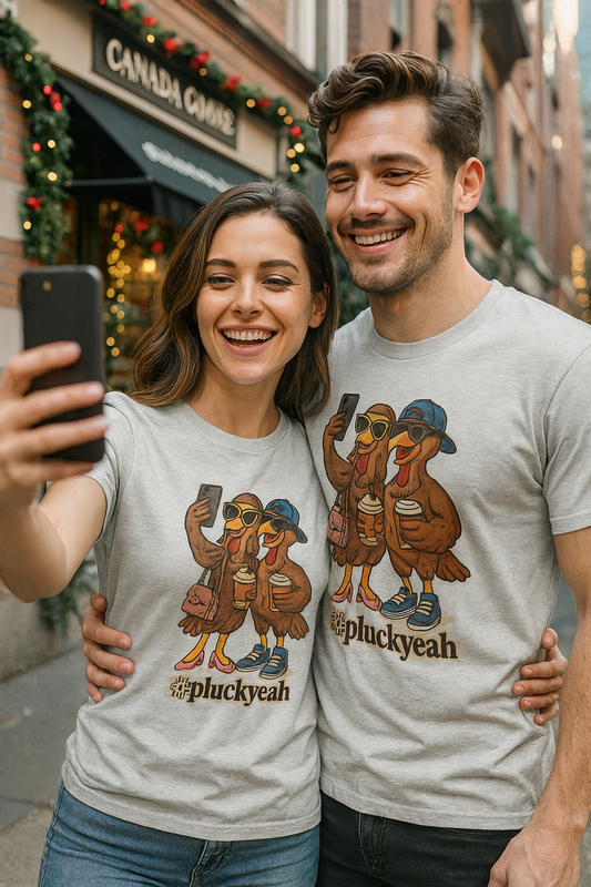Two people taking a selfie wearing matching t-shirts with cartoon turkeys and text.