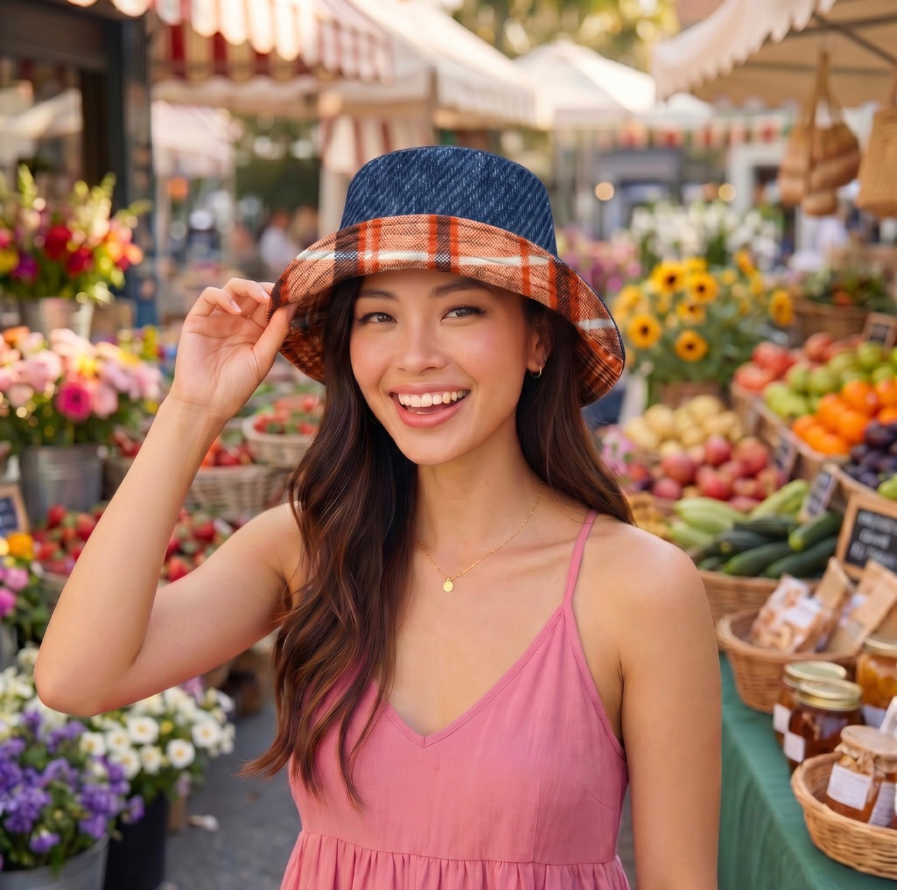 Reversible Denim Orange Plaid Bucket Hat