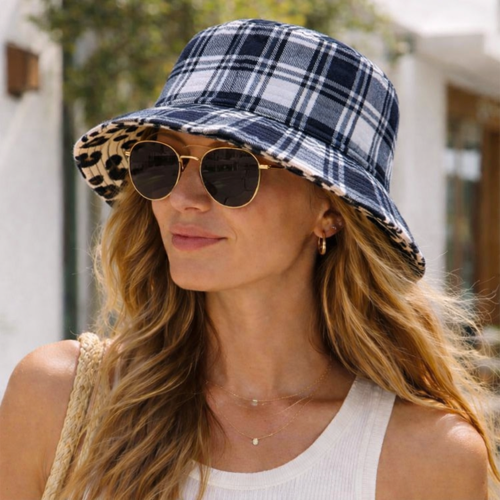reversible plaid leopard bucket hat
