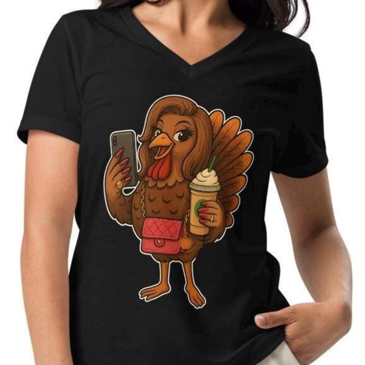 Selfie Turkey Thanksgiving V-Neck T-Shirt: Funny Fall Tee