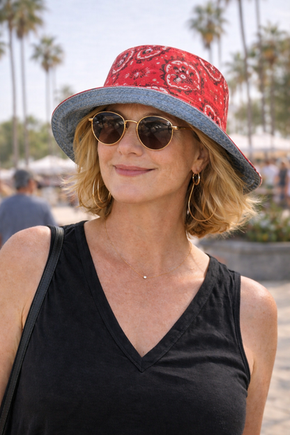 Reversible Denim Red Bandana Bucket Hat