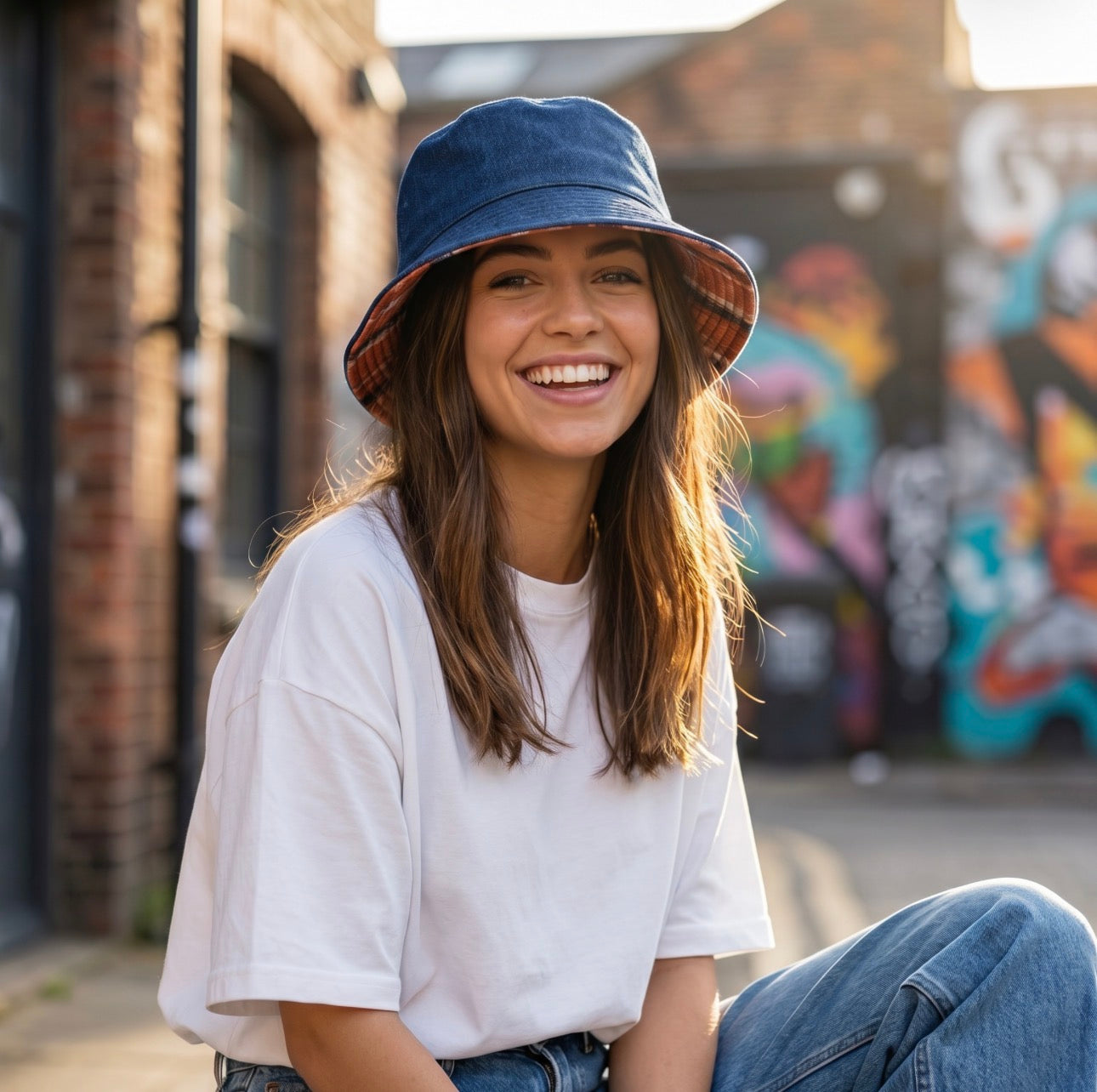 Reversible Denim Orange Plaid Bucket Hat