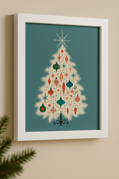 Mid-Century Christmas Tree Framed Wall Art – Retro Holiday Print (Ready to Hang · 8x10 · 16x20 · 24x36)