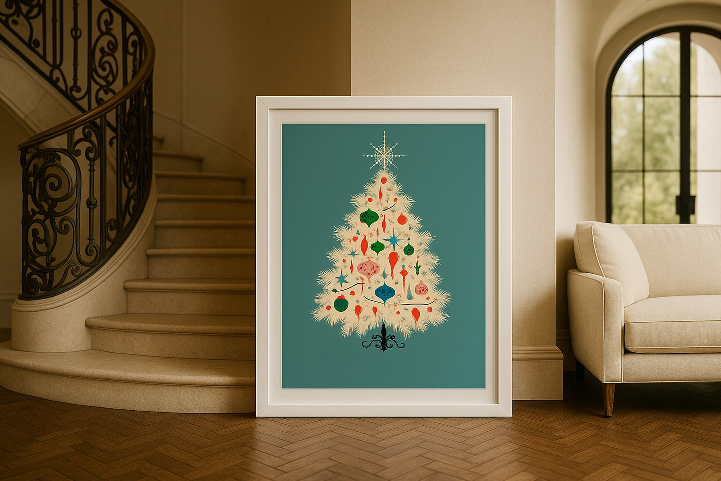 Mid-Century Christmas Tree Framed Wall Art – Retro Holiday Print (Ready to Hang · 8x10 · 16x20 · 24x36)