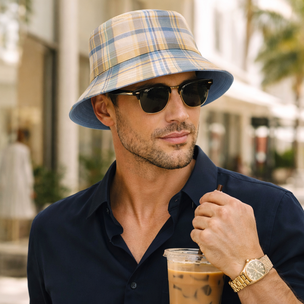 Reversible Blue Plaid Bucket Hat
