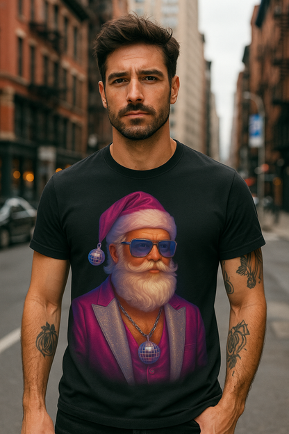Retro Disco Santa T-Shirt – Pink Chrome Christmas Tee