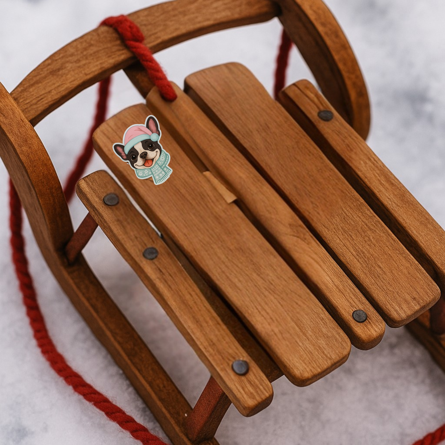 Winter Frenchie Christmas Sticker – Cute Dog Kiss-Cut Vinyl Decal (3”, 4”, 5.5”)