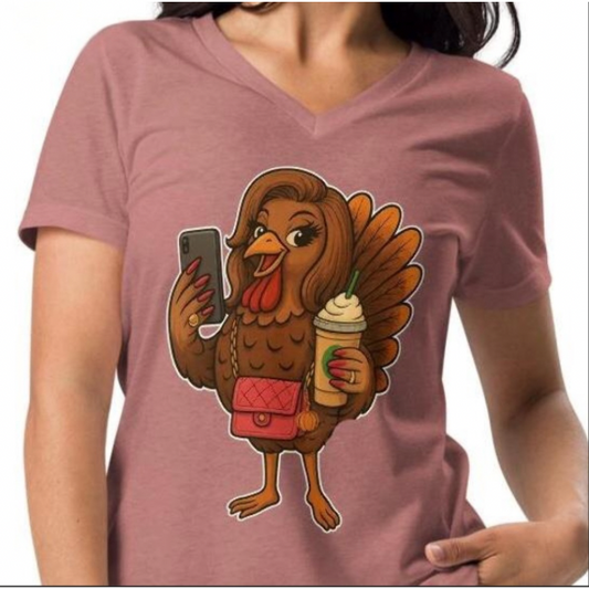 Selfie Turkey Thanksgiving V-Neck T-Shirt: Funny Fall Tee