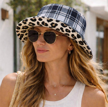 reversible plaid leopard bucket hat