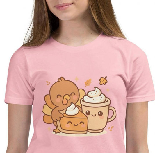 Cute Thanksgiving Shirt Kids Youth, Pumpkin Pie Latte Turkey Tee, Pastel Turkey Shirt Girls Boys, Adorable Turkey Day Gift Fall Outfit