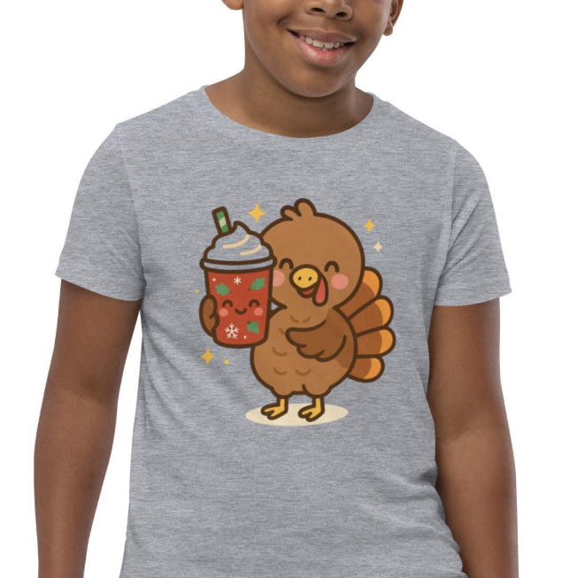 Youth Cute Thanksgiving Shirt:  Kids , Coffee Turkey Tee Girls Boys, Pumpkin Spice Turkey Shirt, Adorable Fall Turkey Day Gift Cozy Outfit
