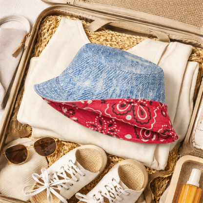 Reversible Denim Red Bandana Bucket Hat