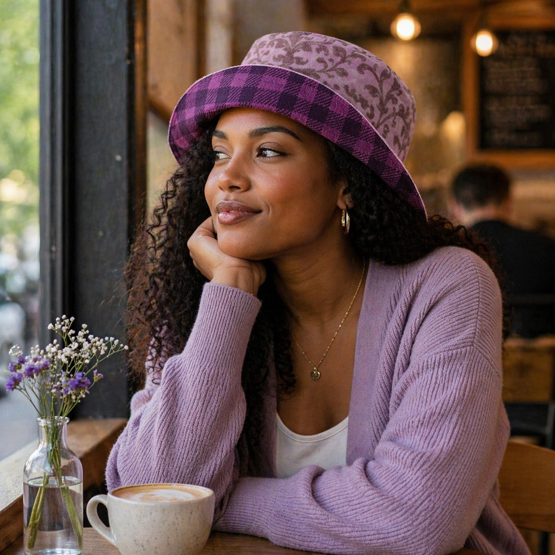  Reversible Plum Plaid Bucket Hat