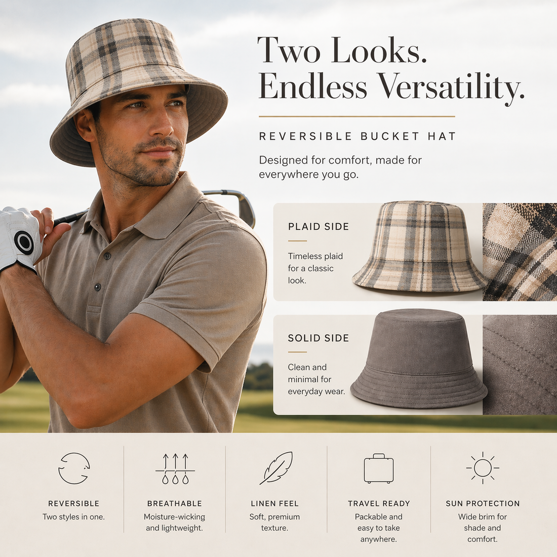 Reversible Neutral Plaid Bucket Hat