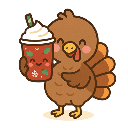 Cute Kawaii Turkey Sticker- Pastel Thanksgiving Coffee Lover, Fall Holiday Vinyl Decal for Laptops, Water bottles, & Journals