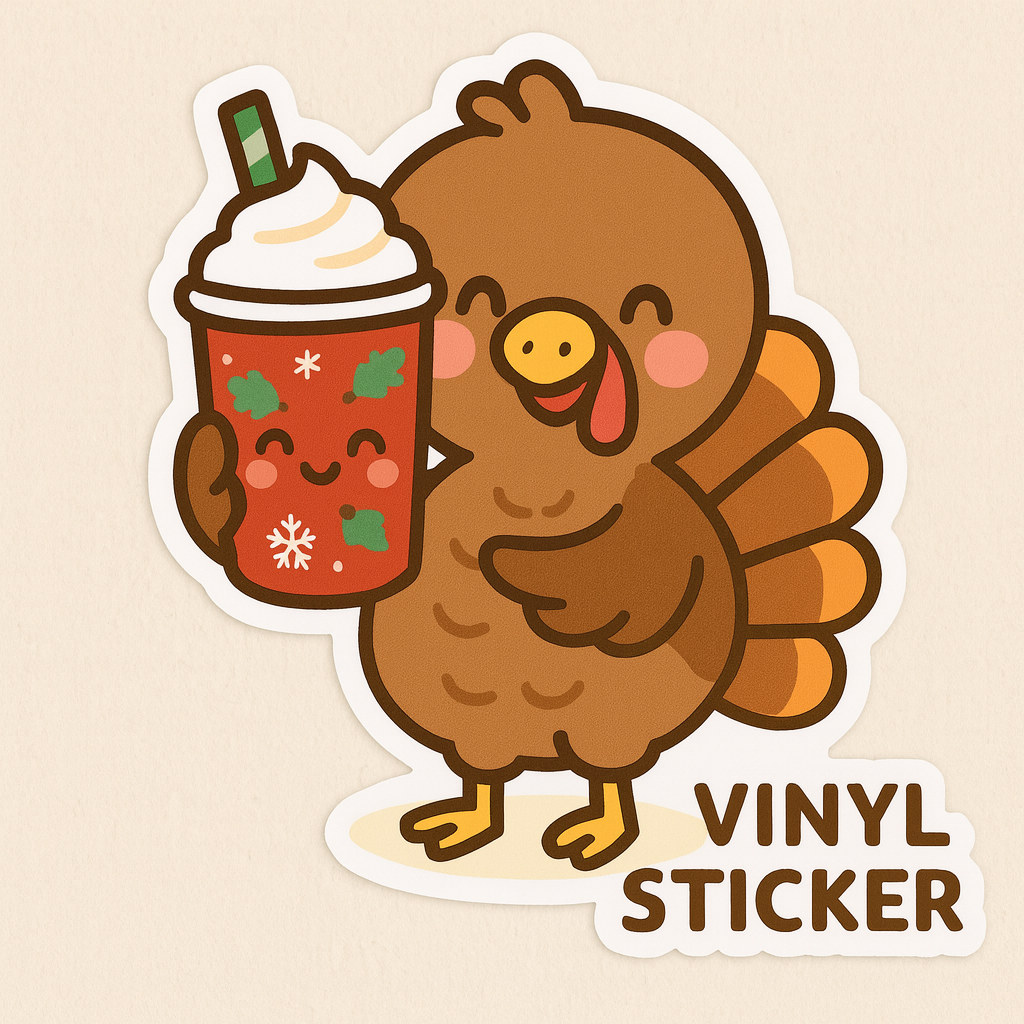Cute Kawaii Turkey Sticker- Pastel Thanksgiving Coffee Lover, Fall Holiday Vinyl Decal for Laptops, Water bottles, & Journals