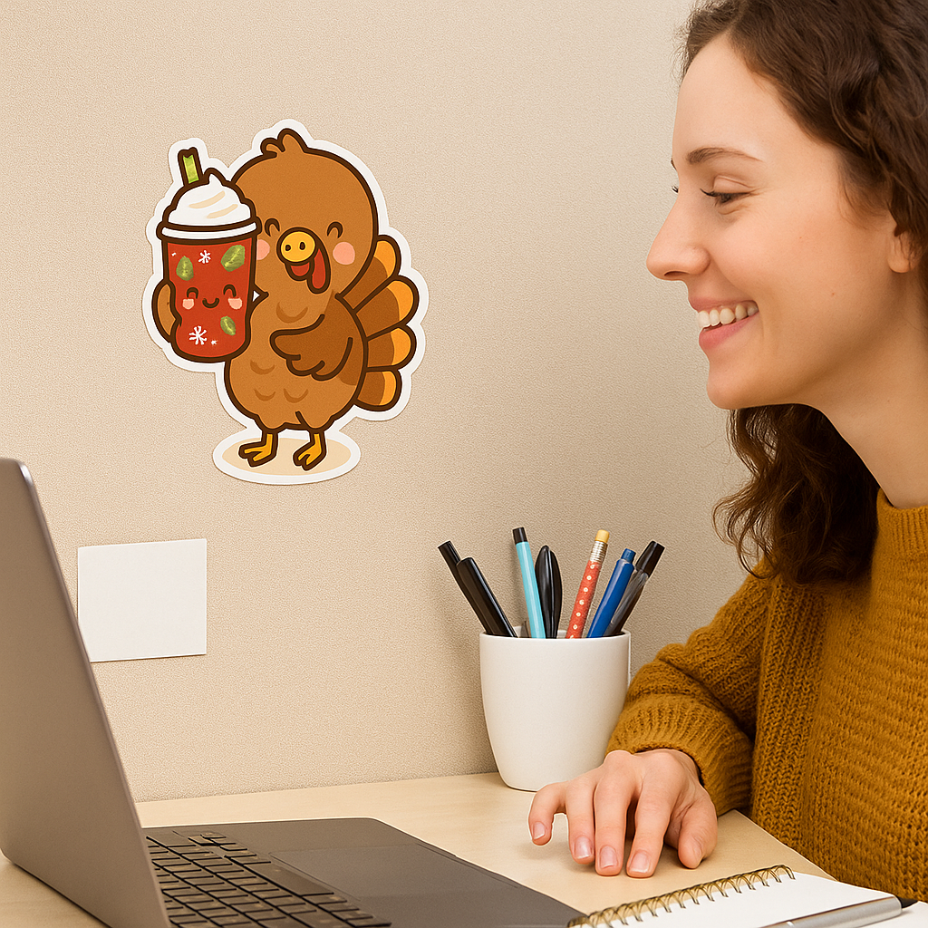 Cute Kawaii Turkey Sticker- Pastel Thanksgiving Coffee Lover, Fall Holiday Vinyl Decal for Laptops, Water bottles, & Journals