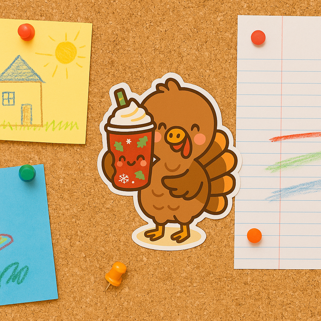 Cute Kawaii Turkey Sticker- Pastel Thanksgiving Coffee Lover, Fall Holiday Vinyl Decal for Laptops, Water bottles, & Journals