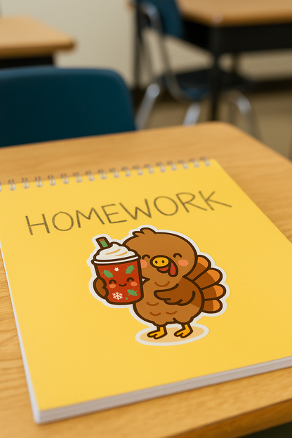 Cute Kawaii Turkey Sticker- Pastel Thanksgiving Coffee Lover, Fall Holiday Vinyl Decal for Laptops, Water bottles, & Journals
