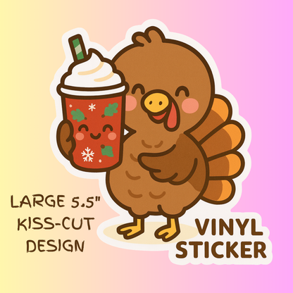 Cute Kawaii Turkey Sticker- Pastel Thanksgiving Coffee Lover, Fall Holiday Vinyl Decal for Laptops, Water bottles, & Journals