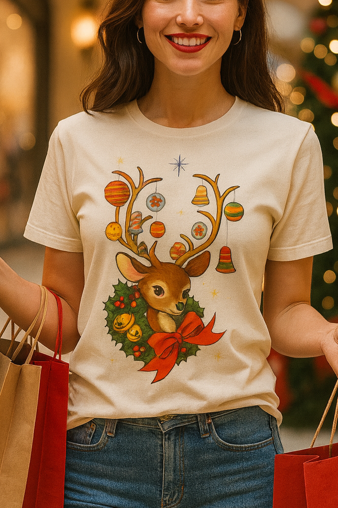 Vintage Retro Christmas Reindeer T-Shirt, Mid Century Holiday Deer, Cute Kitsch Xmas Tee, Ornament Antlers,
