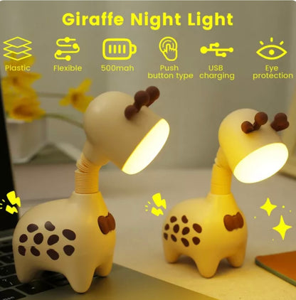 Giraffe-shaped rechargeable LED night light in pink, green, and beige with telescopic neck design