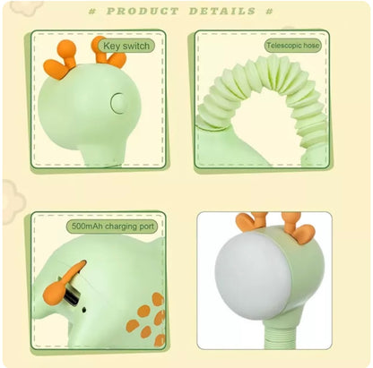 Giraffe-shaped rechargeable LED night light in pink, green, and beige with telescopic neck design