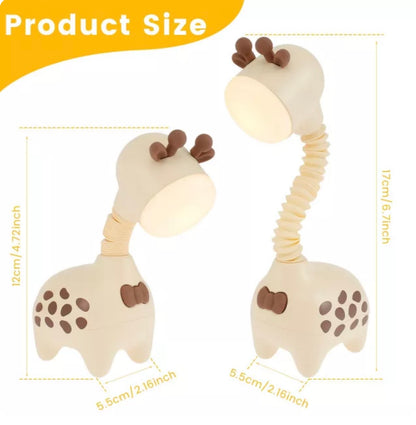 Giraffe-shaped rechargeable LED night light in pink, green, and beige with telescopic neck design