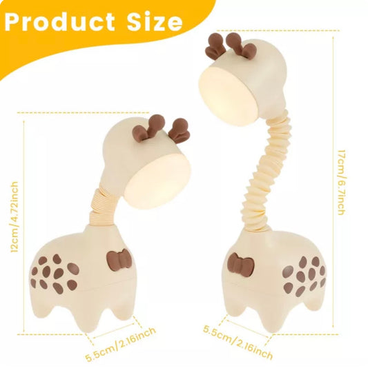 Giraffe-shaped rechargeable LED night light in pink, green, and beige with telescopic neck design