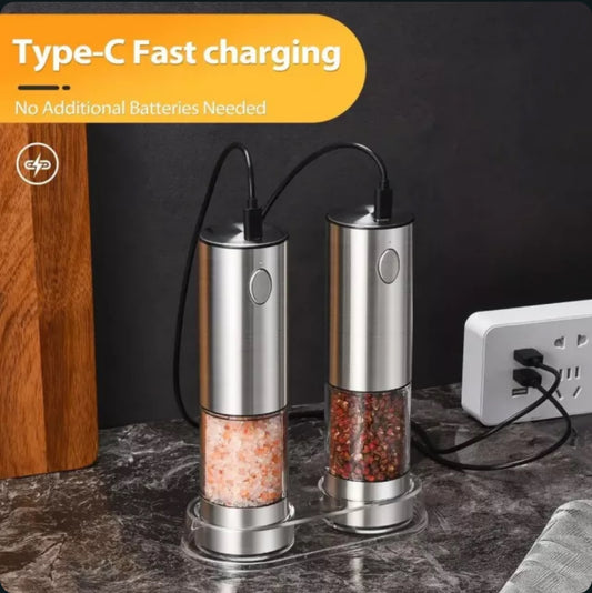 USB Electric Salt & Pepper Grinder Set – Rechargeable with LED Light