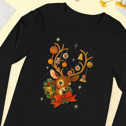 Vintage Retro Christmas Reindeer Long Sleeve Shirt, Mid Century Holiday Deer, Cute Kitsch Xmas Top, Ornament Antlers, Christmas Gift for Her
