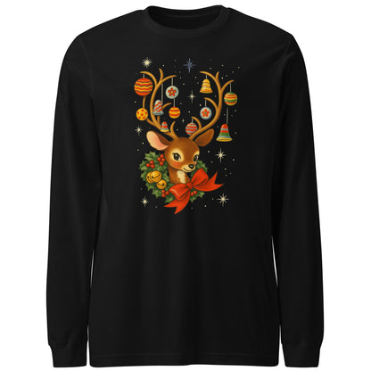 Vintage Retro Christmas Reindeer Long Sleeve Shirt, Mid Century Holiday Deer, Cute Kitsch Xmas Top, Ornament Antlers, Christmas Gift for Her