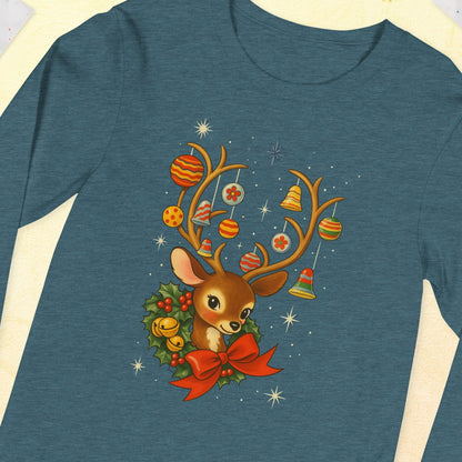 Vintage Retro Christmas Reindeer Long Sleeve Shirt, Mid Century Holiday Deer, Cute Kitsch Xmas Top, Ornament Antlers, Christmas Gift for Her