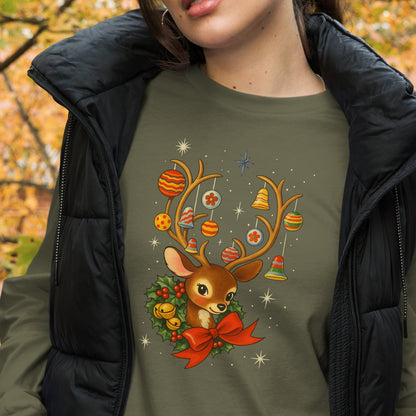 Vintage Retro Christmas Reindeer Long Sleeve Shirt, Mid Century Holiday Deer, Cute Kitsch Xmas Top, Ornament Antlers, Christmas Gift for Her