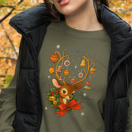 Vintage Retro Christmas Reindeer Long Sleeve Shirt, Mid Century Holiday Deer, Cute Kitsch Xmas Top, Ornament Antlers, Christmas Gift for Her