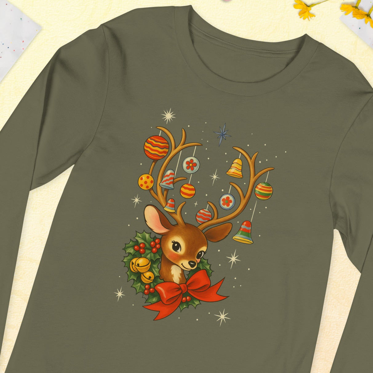 Vintage Retro Christmas Reindeer Long Sleeve Shirt, Mid Century Holiday Deer, Cute Kitsch Xmas Top, Ornament Antlers, Christmas Gift for Her