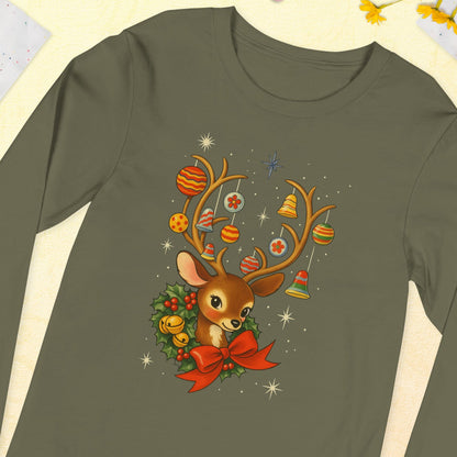 Vintage Retro Christmas Reindeer Long Sleeve Shirt, Mid Century Holiday Deer, Cute Kitsch Xmas Top, Ornament Antlers, Christmas Gift for Her