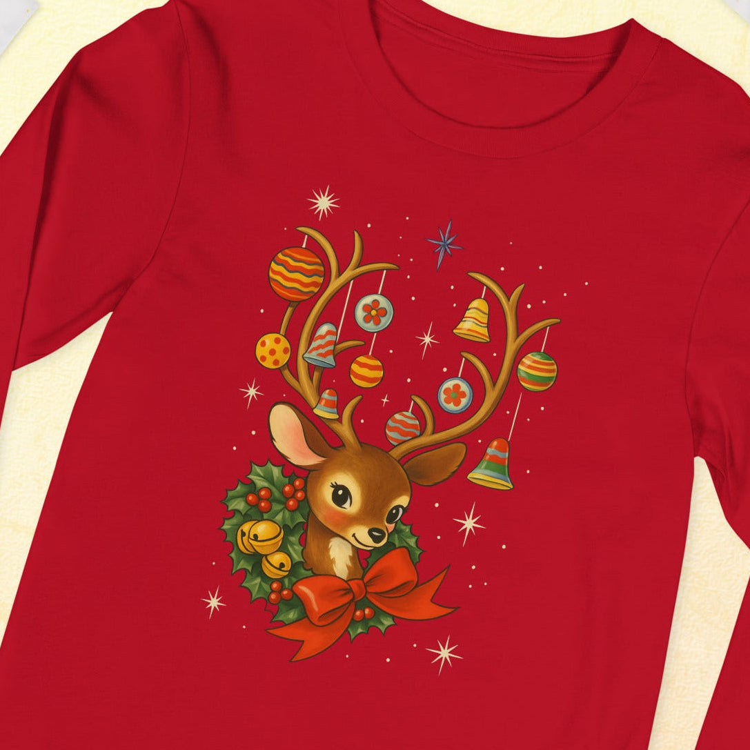 Vintage Retro Christmas Reindeer Long Sleeve Shirt, Mid Century Holiday Deer, Cute Kitsch Xmas Top, Ornament Antlers, Christmas Gift for Her