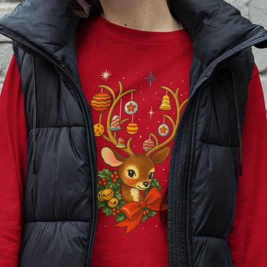 Vintage Retro Christmas Reindeer Long Sleeve Shirt, Mid Century Holiday Deer, Cute Kitsch Xmas Top, Ornament Antlers, Christmas Gift for Her