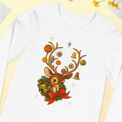 Vintage Retro Christmas Reindeer Long Sleeve Shirt, Mid Century Holiday Deer, Cute Kitsch Xmas Top, Ornament Antlers, Christmas Gift for Her